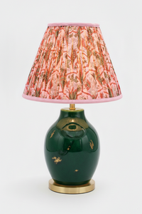 10 inch pleated blockprint empire lampshade on dark green ceramic table lamp from Inner Child