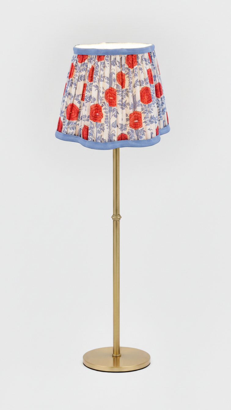 8-inch pleated blockprint scalloped lampshade with red floral patterns on brass floor lamp - Inner Child