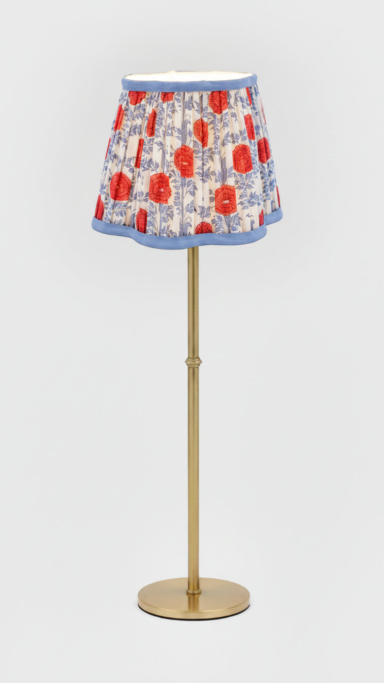 8-inch pleated blockprint scalloped lampshade with red floral patterns on brass floor lamp - Inner Child