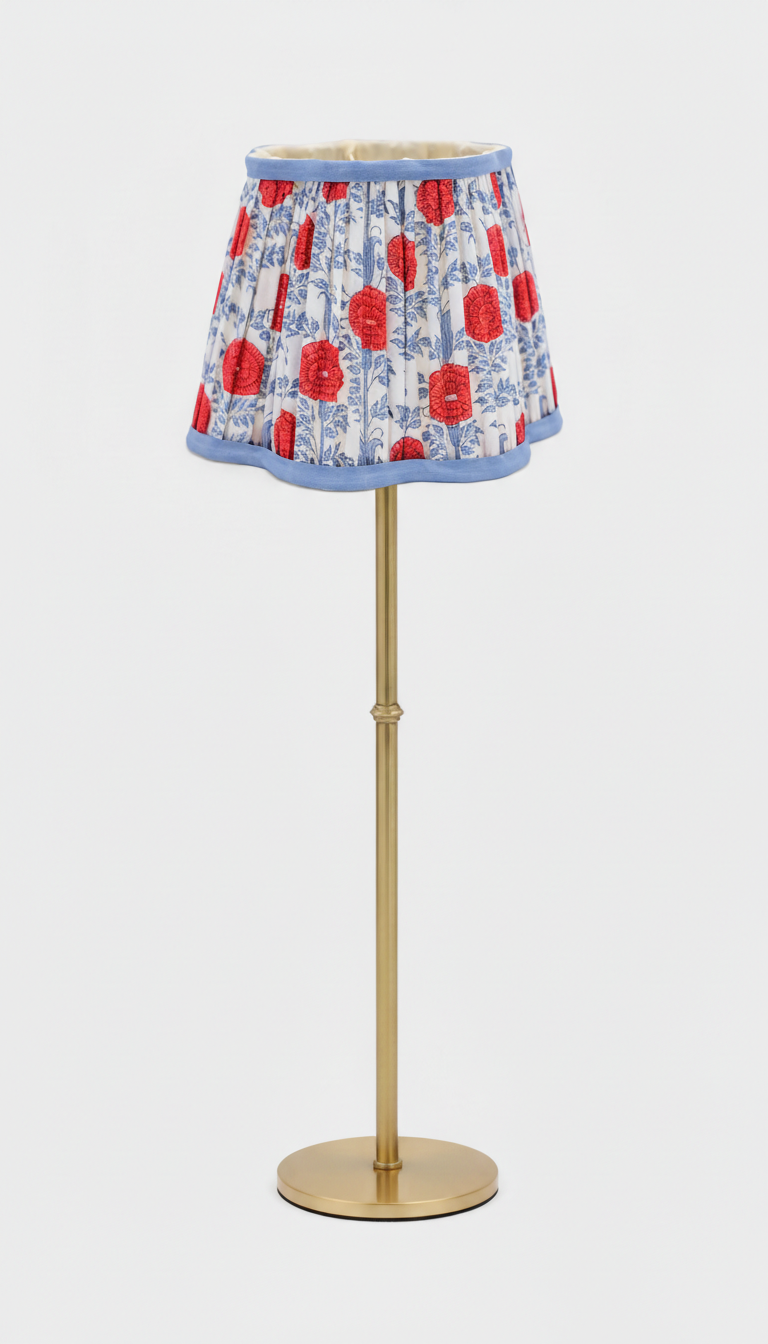 8-inch pleated blockprint scalloped lampshade with red floral patterns on brass floor lamp - Inner Child