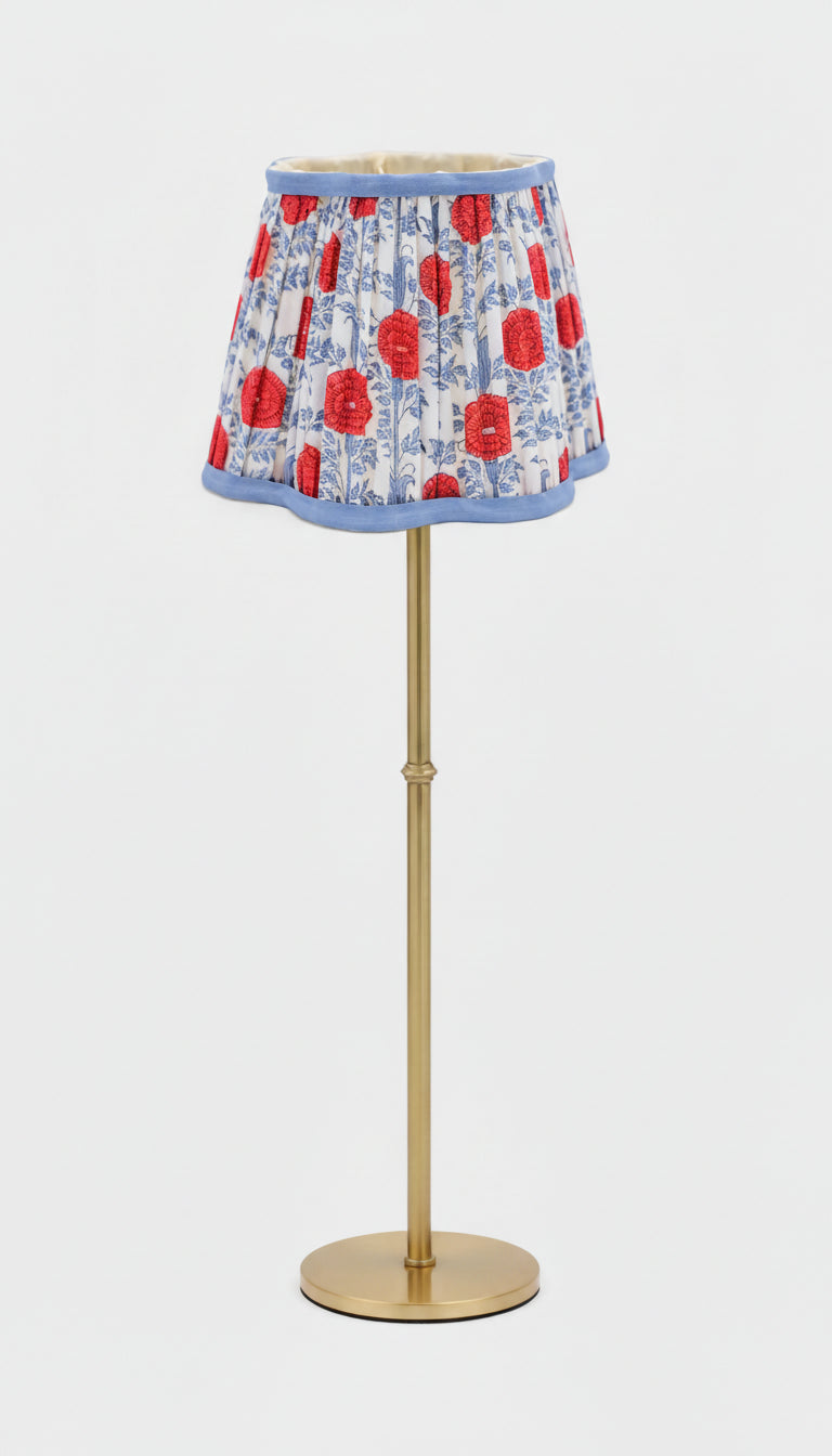 8-inch pleated blockprint scalloped lampshade with red floral patterns on brass floor lamp - Inner Child