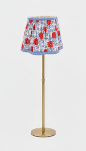 8-inch pleated blockprint scalloped lampshade with red floral patterns on brass floor lamp - Inner Child