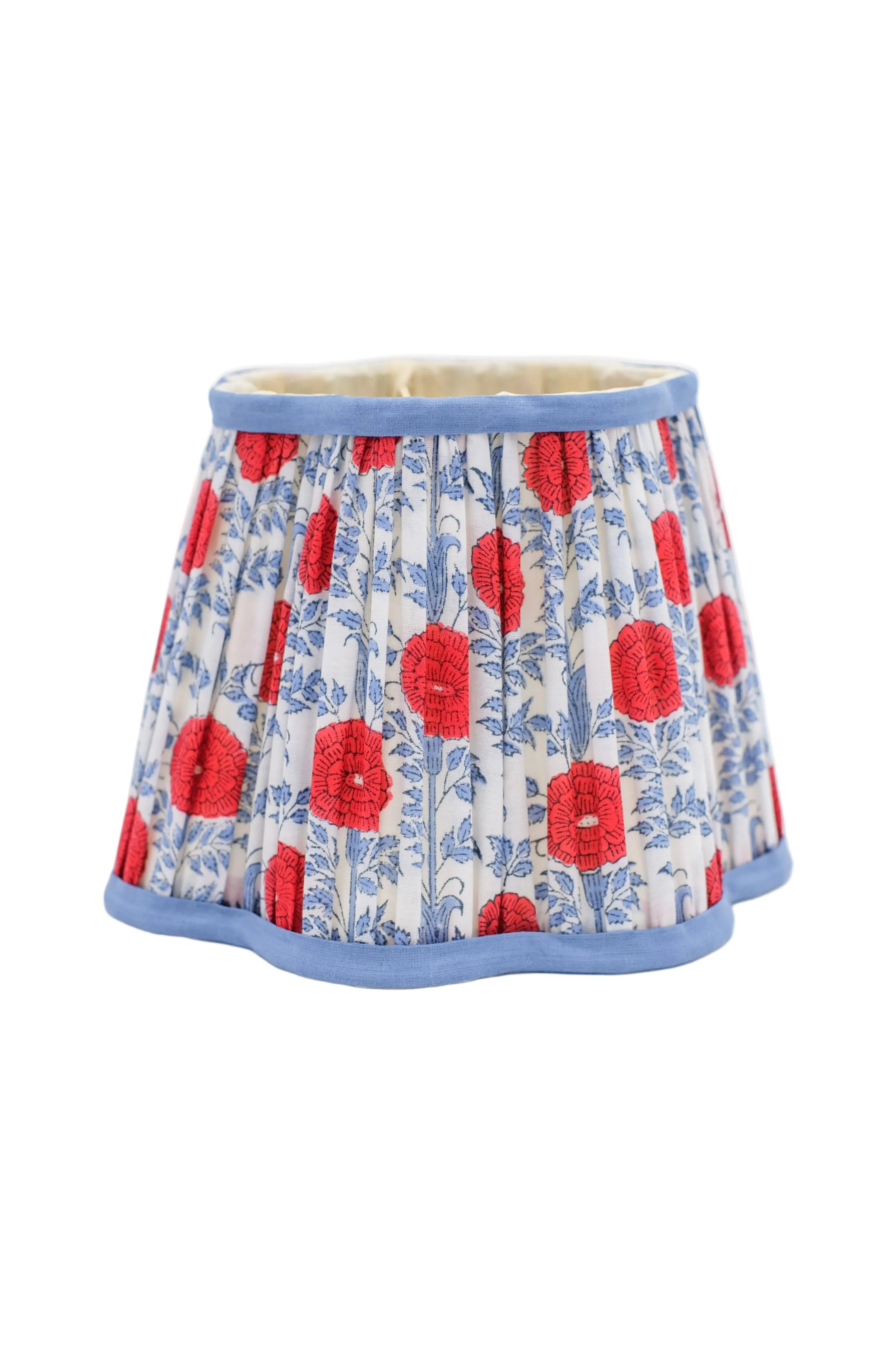 8-inch pleated blockprint scalloped lampshade with red floral patterns and blue accents - Inner Child