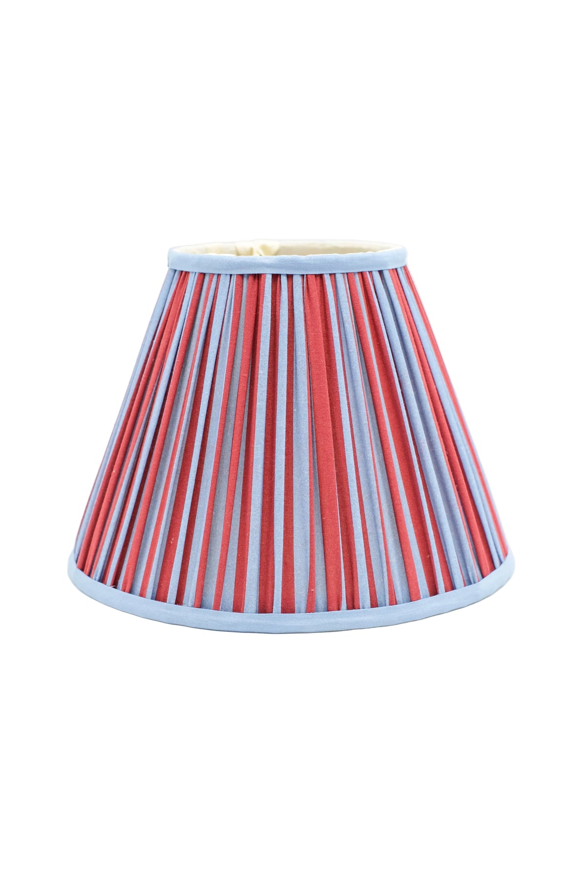 10-inch pleated empire lampshade with Red and Blue Stripes pattern, light blue trim, front view