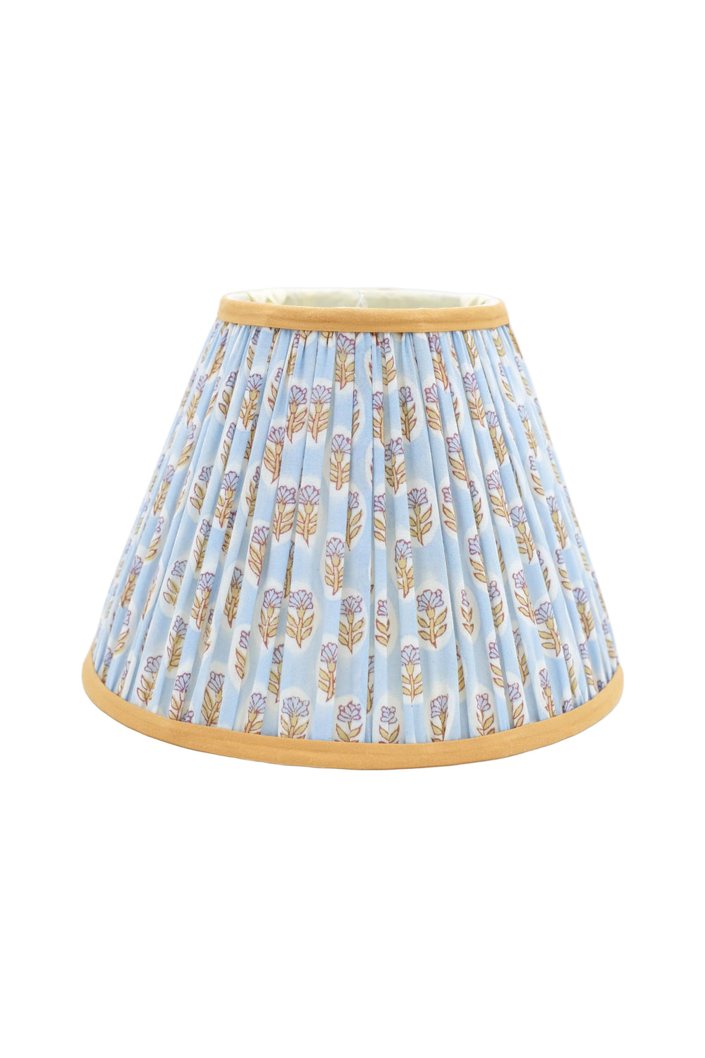 10-inch pleated blockprint empire lampshade in sky blue with daisy floral pattern and golden trim