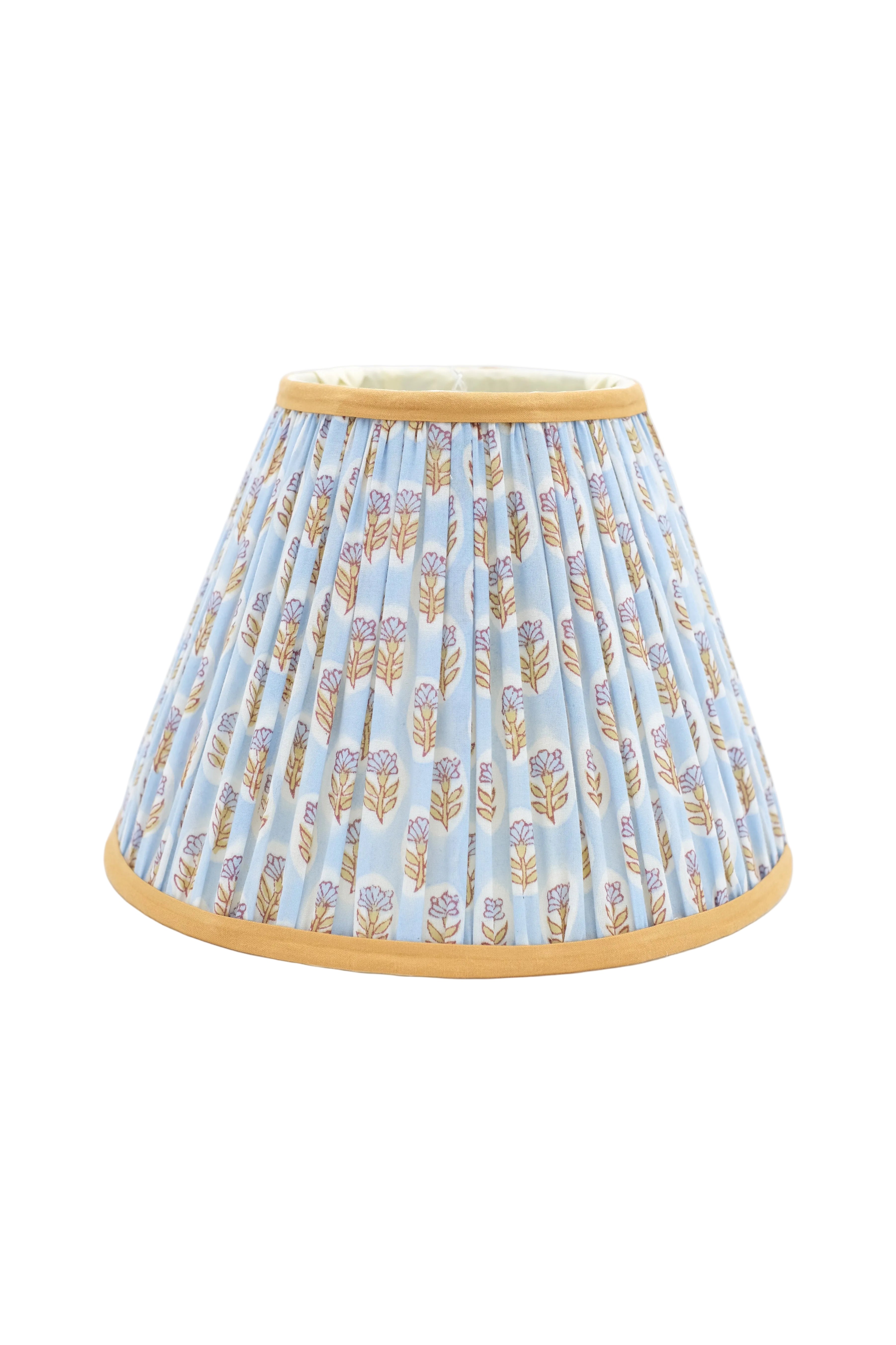 10-inch pleated blockprint empire lampshade in sky blue with daisy floral pattern and golden trim