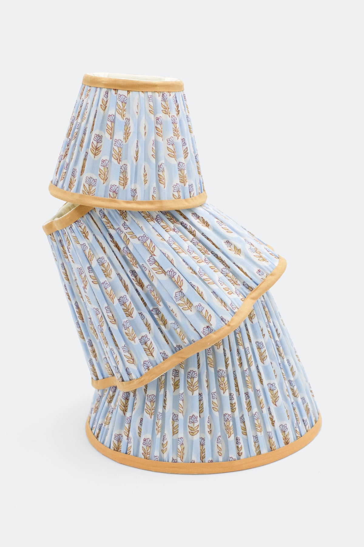 Stacked sky blue daisy blockprint pleated empire lampshades from Inner Child