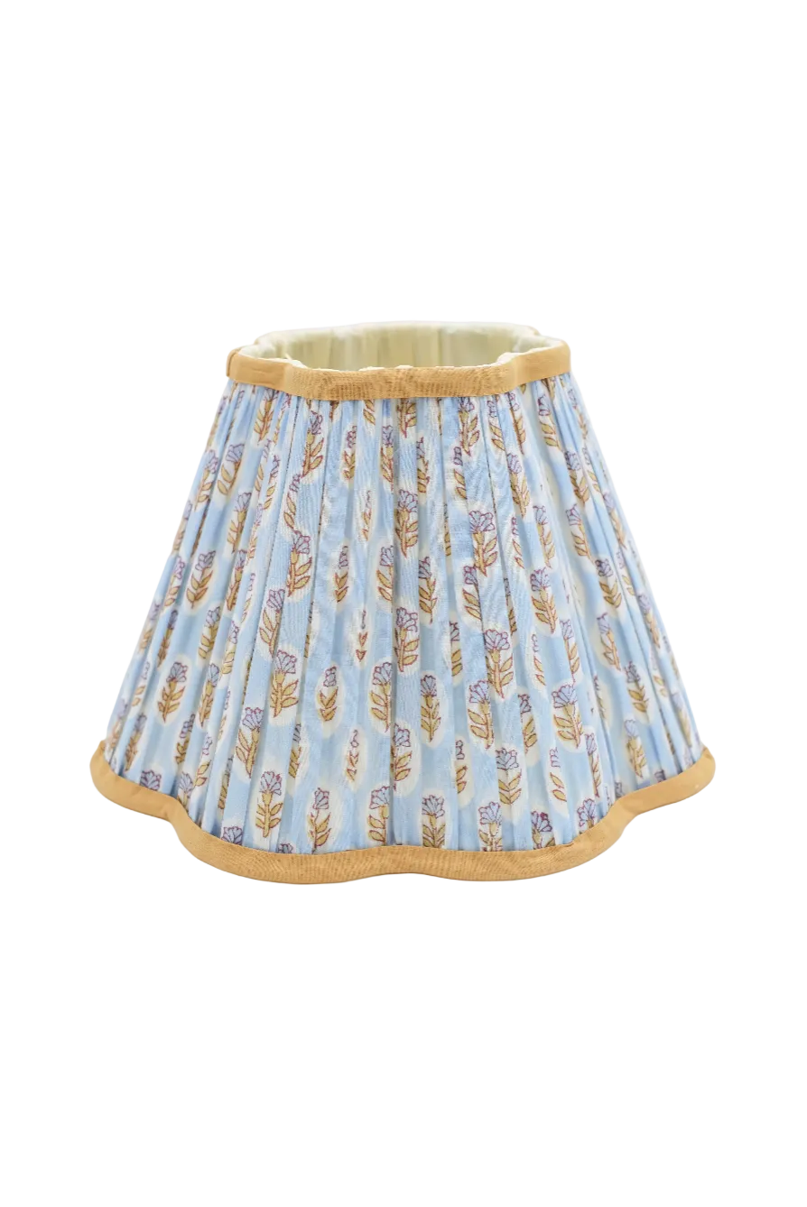 Inner Child pleated blockprint scalloped lampshade with sky blue daisy pattern and tan trim