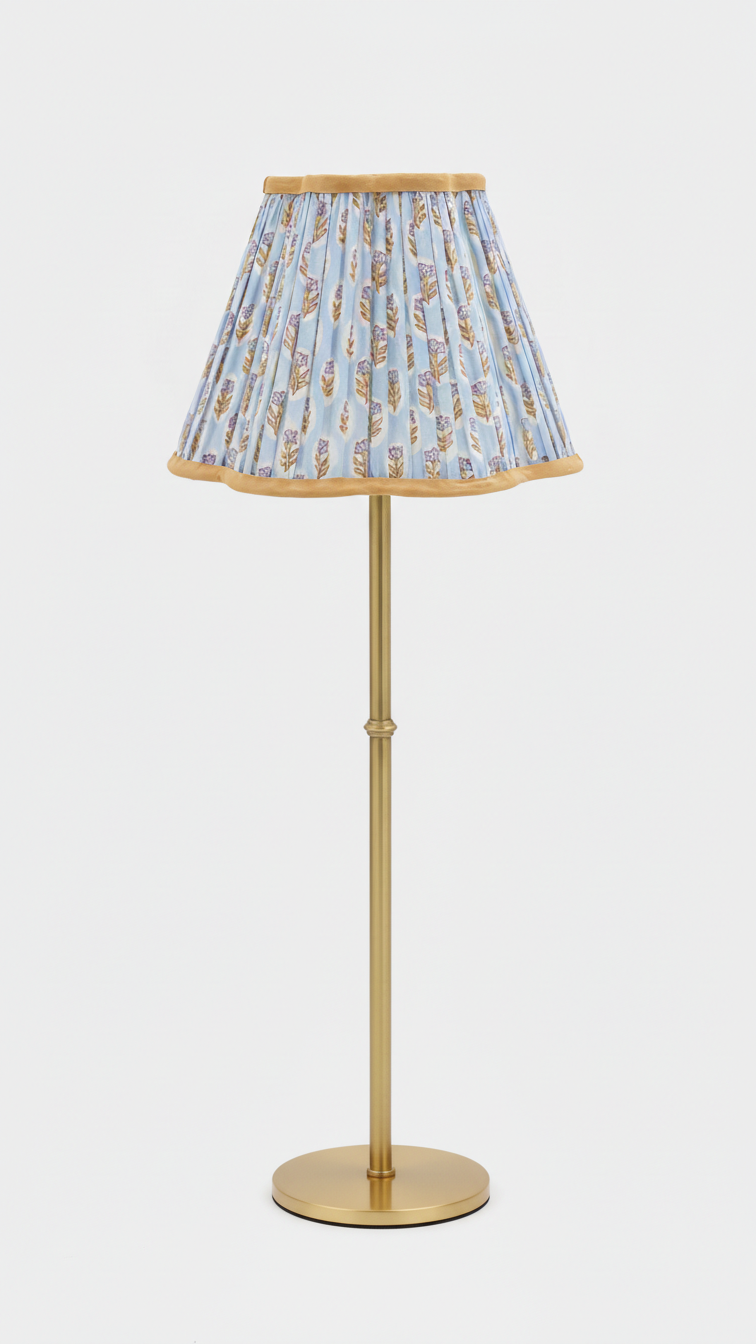 Inner Child pleated blockprint scalloped table lamp with sky blue daisy shade and brass stand
