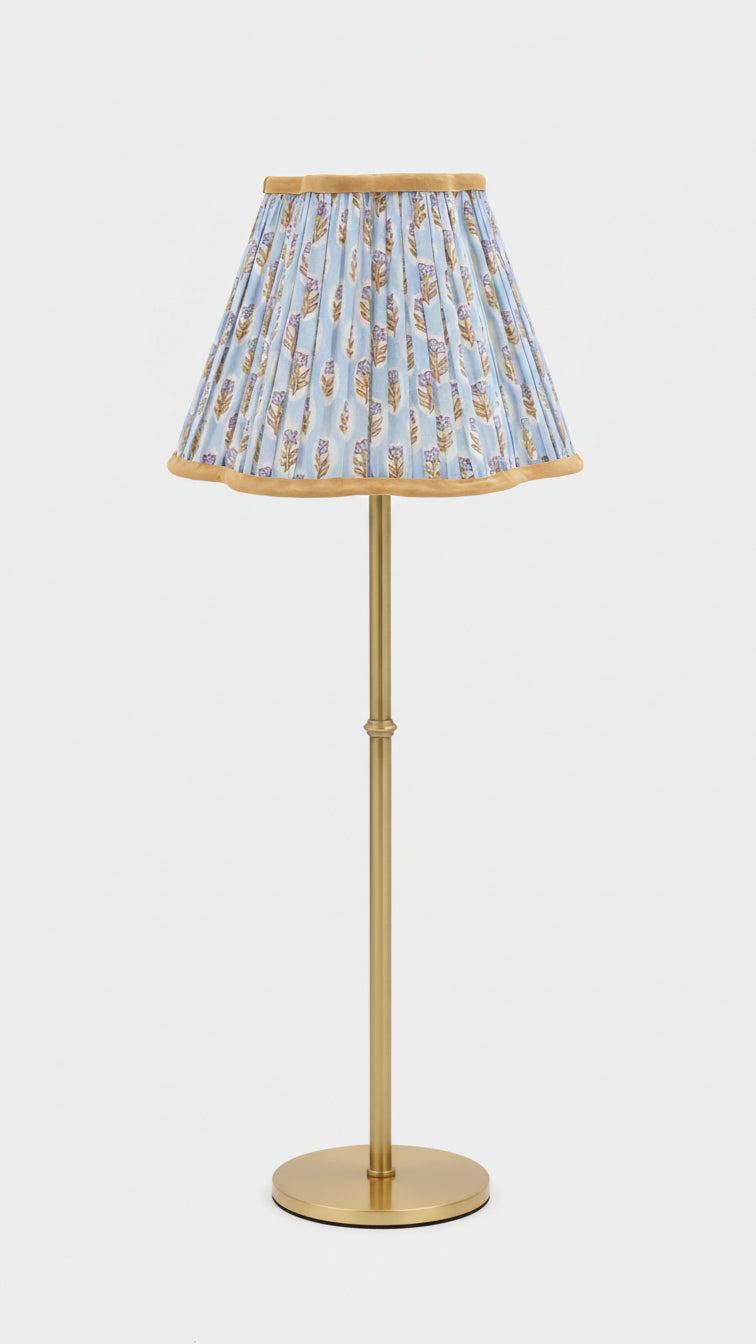 Inner Child pleated blockprint scalloped table lamp with sky blue daisy shade and brass stand