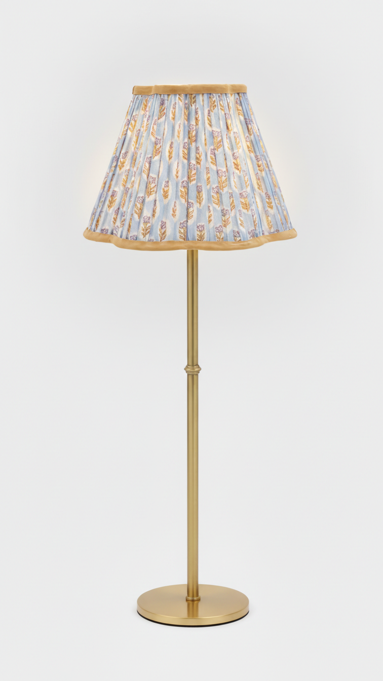 Inner Child pleated blockprint scalloped table lamp with sky blue daisy shade and brass stand