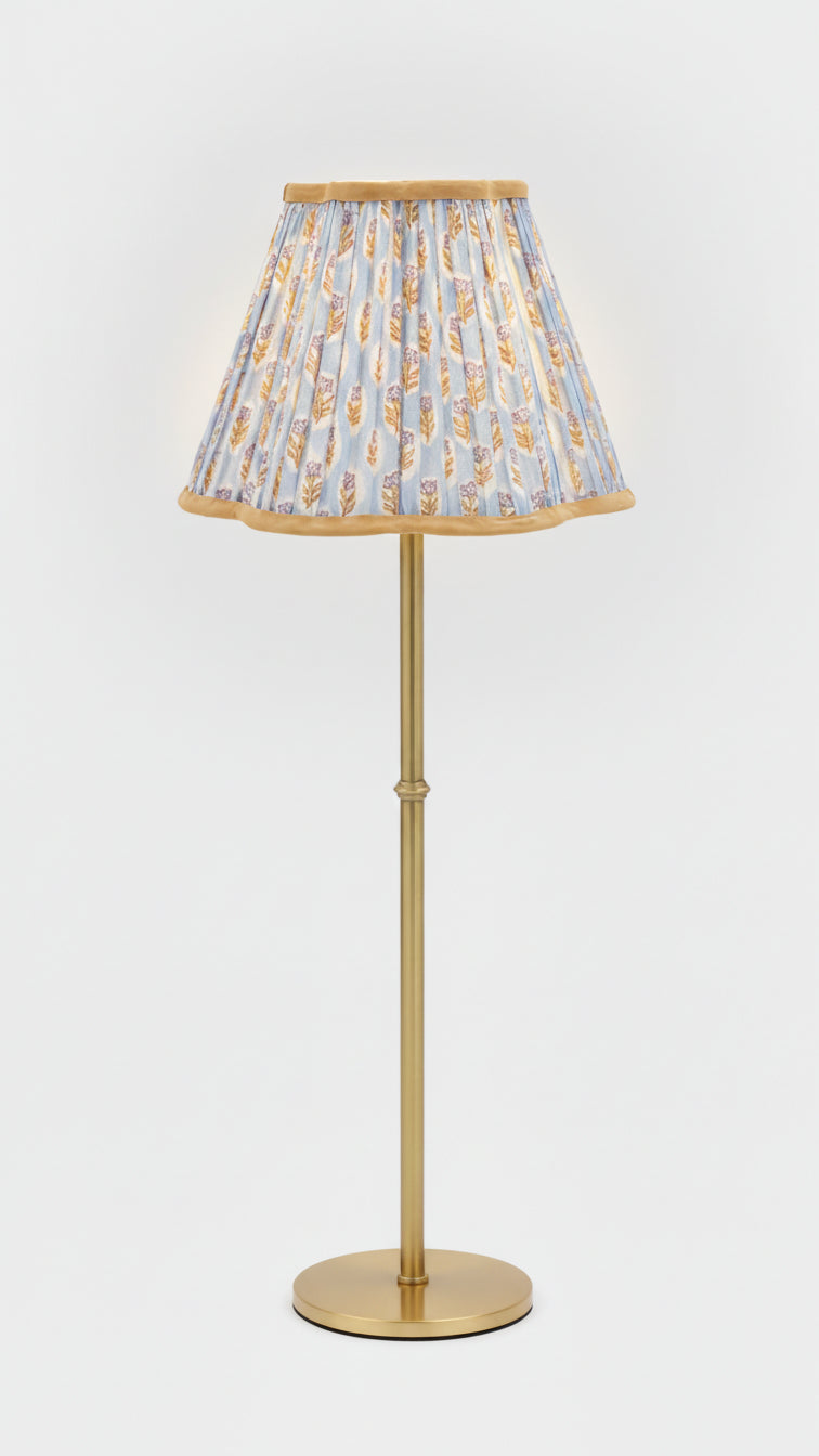 Inner Child pleated blockprint scalloped table lamp with sky blue daisy shade and brass stand