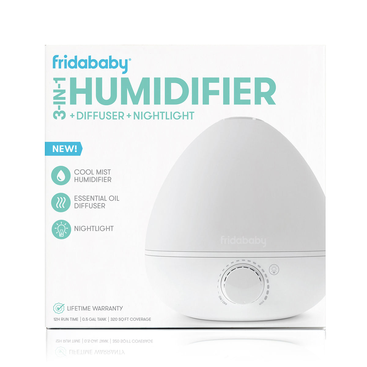 Front of fridababy Breathefrida 3-in-1 humidifier showing dial, features cool mist, diffuser, and nightlight on white background