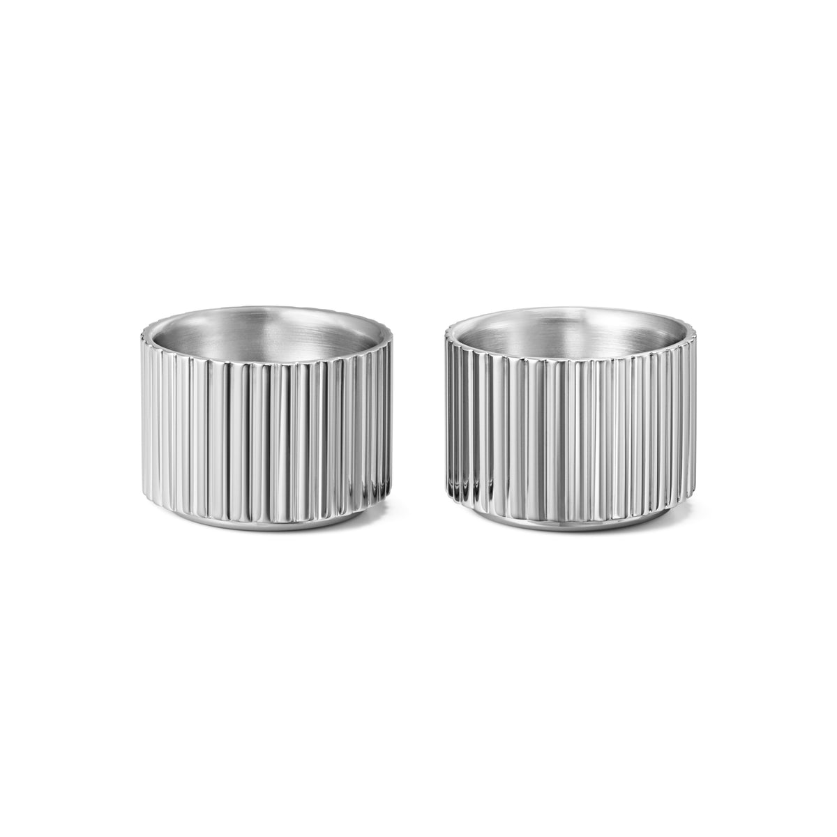 Front view of Bernadotte 2 Pc Egg Cup Set showcasing elegantly ridged matte stainless steel with white background