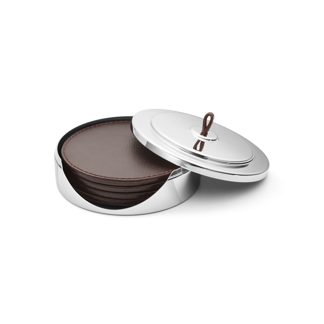 Manhattan Coaster Set in Stainless Steel &amp; Leather, Set of 4