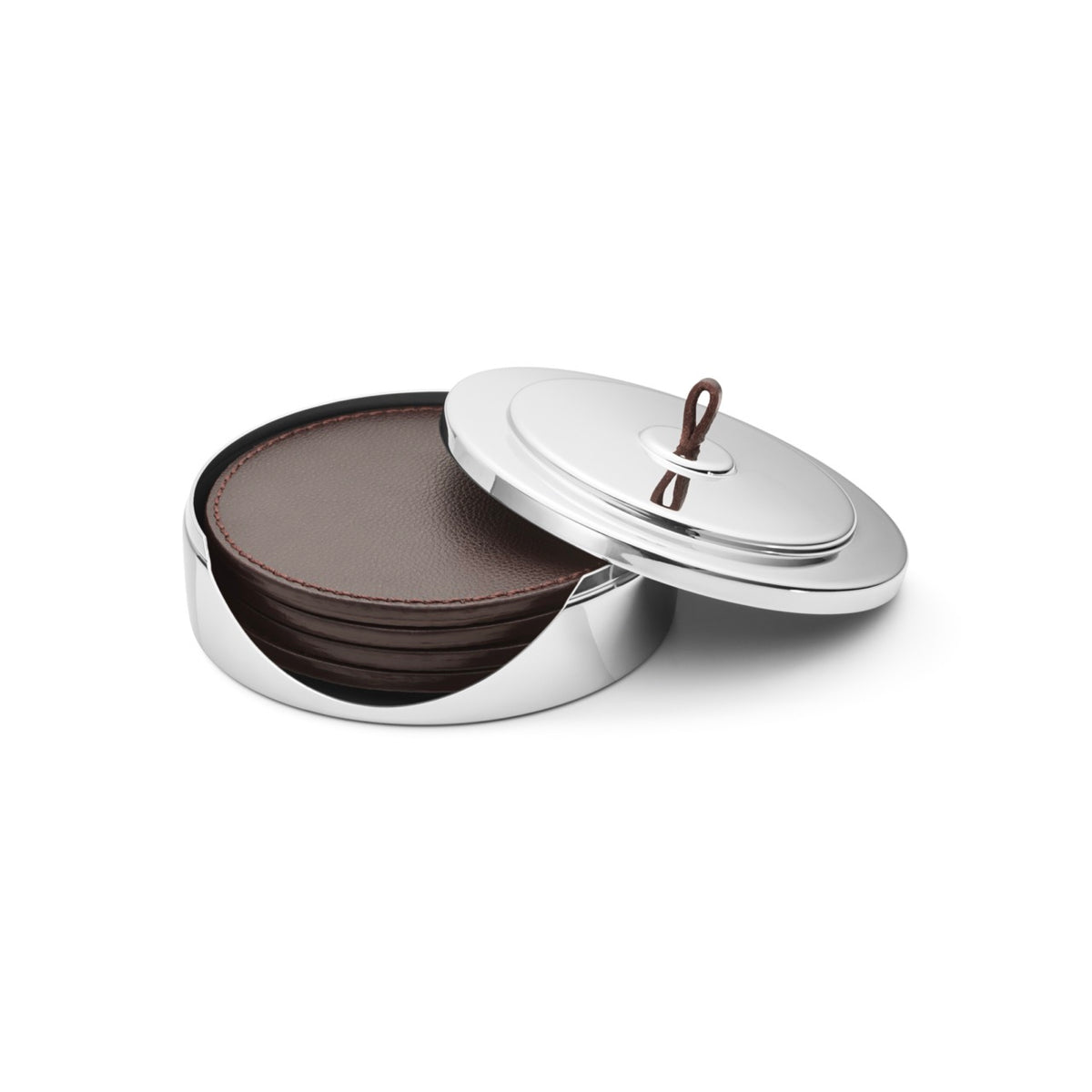 Manhattan Coaster Set in Stainless Steel &amp; Leather, Set of 4