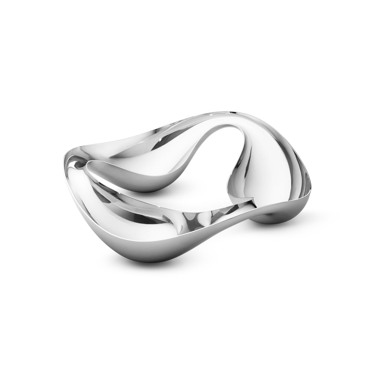 Angled view of Cobra Triple Snack Bowl showcasing three sections and mirror polished stainless steel with a white background