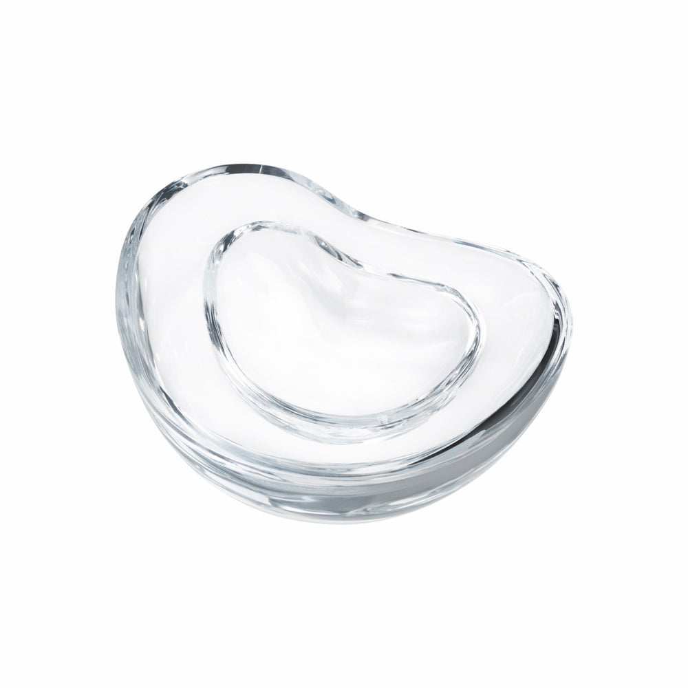 Top view of two Indulgence caviar dishes in thick crystalline glass showing organic sculptural shapes on white background