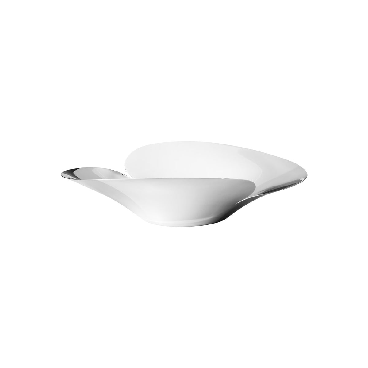 Front view of Bloom Botanica Centerpiece, Stainless Steel showcasing flowing organic contours and mirror-polished finish with a white background