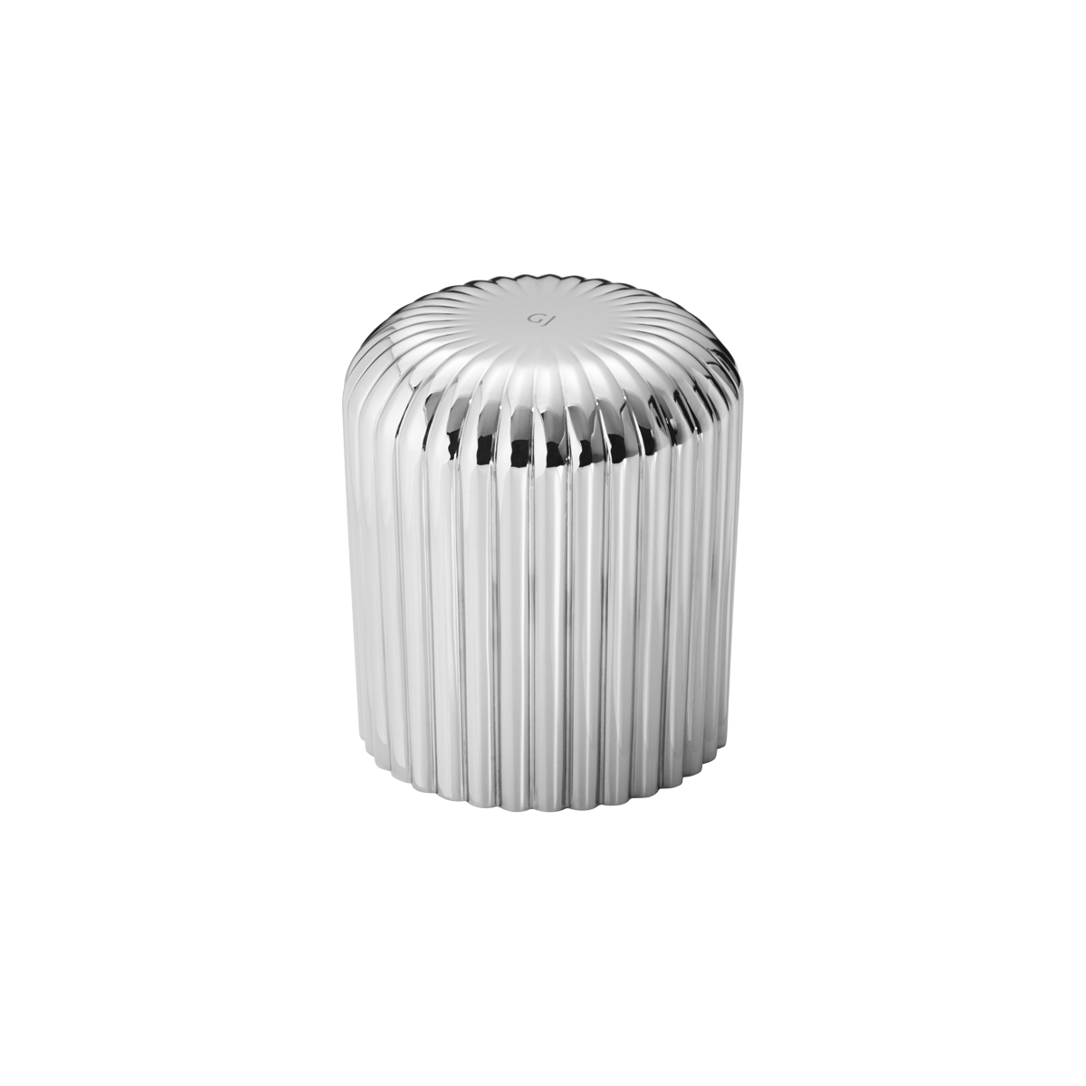 Angled view of Bernadotte champagne stopper showcasing stainless steel signature grooved design on white background