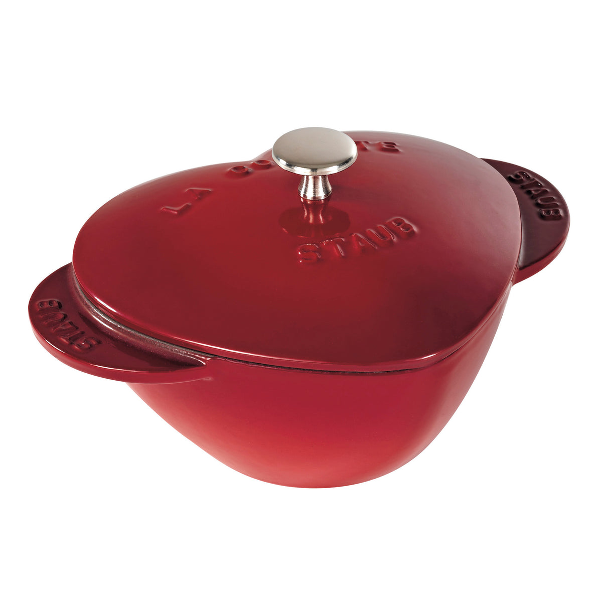 Three-quarter view of Cast Iron 1.75-qt Heart Cocotte in Cherry showcasing heart-shaped lid and side handles on white