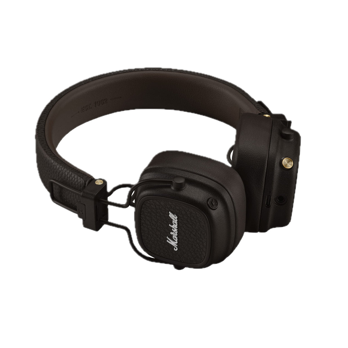 Three-quarter view of Major V on-ear Bluetooth headphones in brown with vegan-leather band, Marshall logo, and gold accents on white