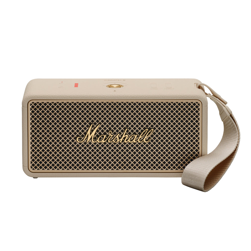 Front view of Middleton II portable Bluetooth speaker showing gold grille, Marshall logo, and cream carrying strap on white background