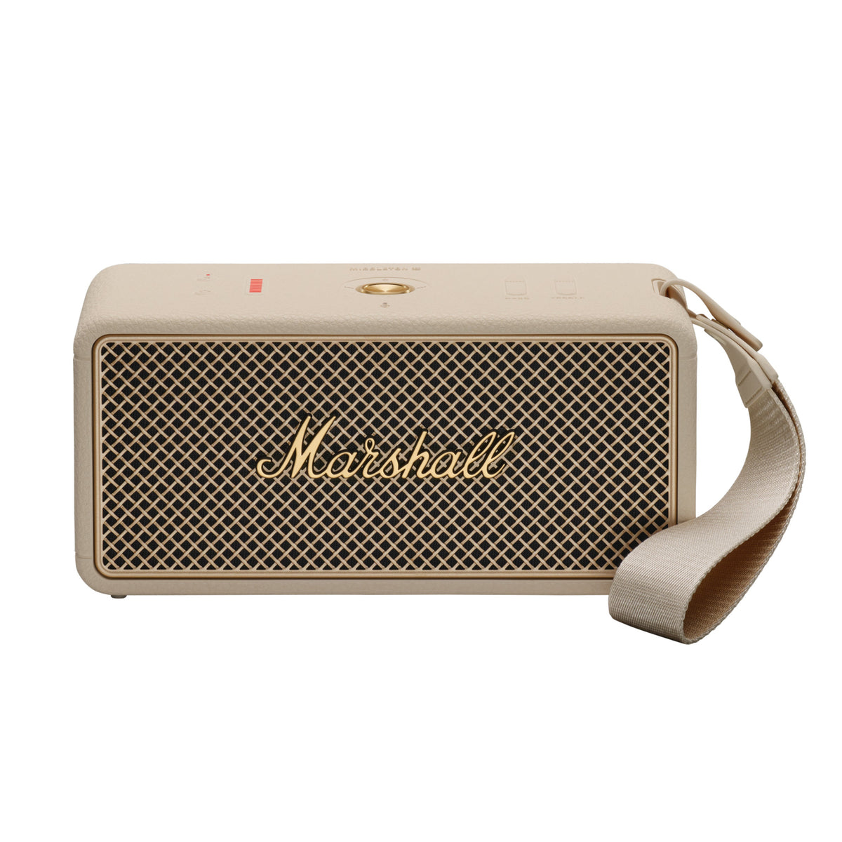 Front view of Middleton II portable Bluetooth speaker showing gold grille, Marshall logo, and cream carrying strap on white background