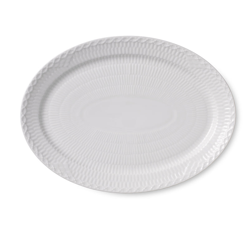Front view of White Fluted Half Lace Plate Oval showcasing fluted porcelain design and lace edge with white background