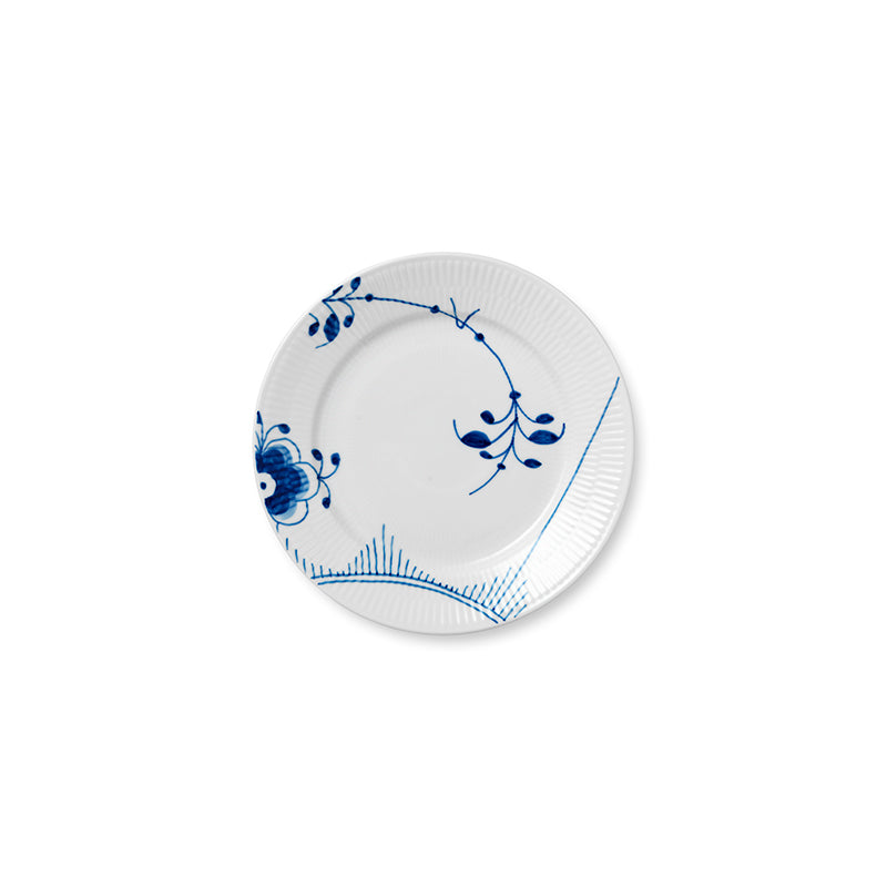 Top view of Blue Fluted Mega Salad Plate #2 showcasing blue botanical pattern and ridged rim with white background