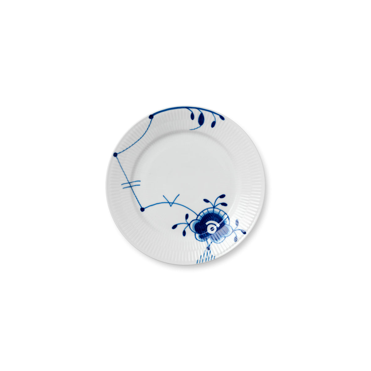 Top view of Blue Fluted Mega Salad Plate number 6 showcasing a blue floral porcelain pattern on a white background