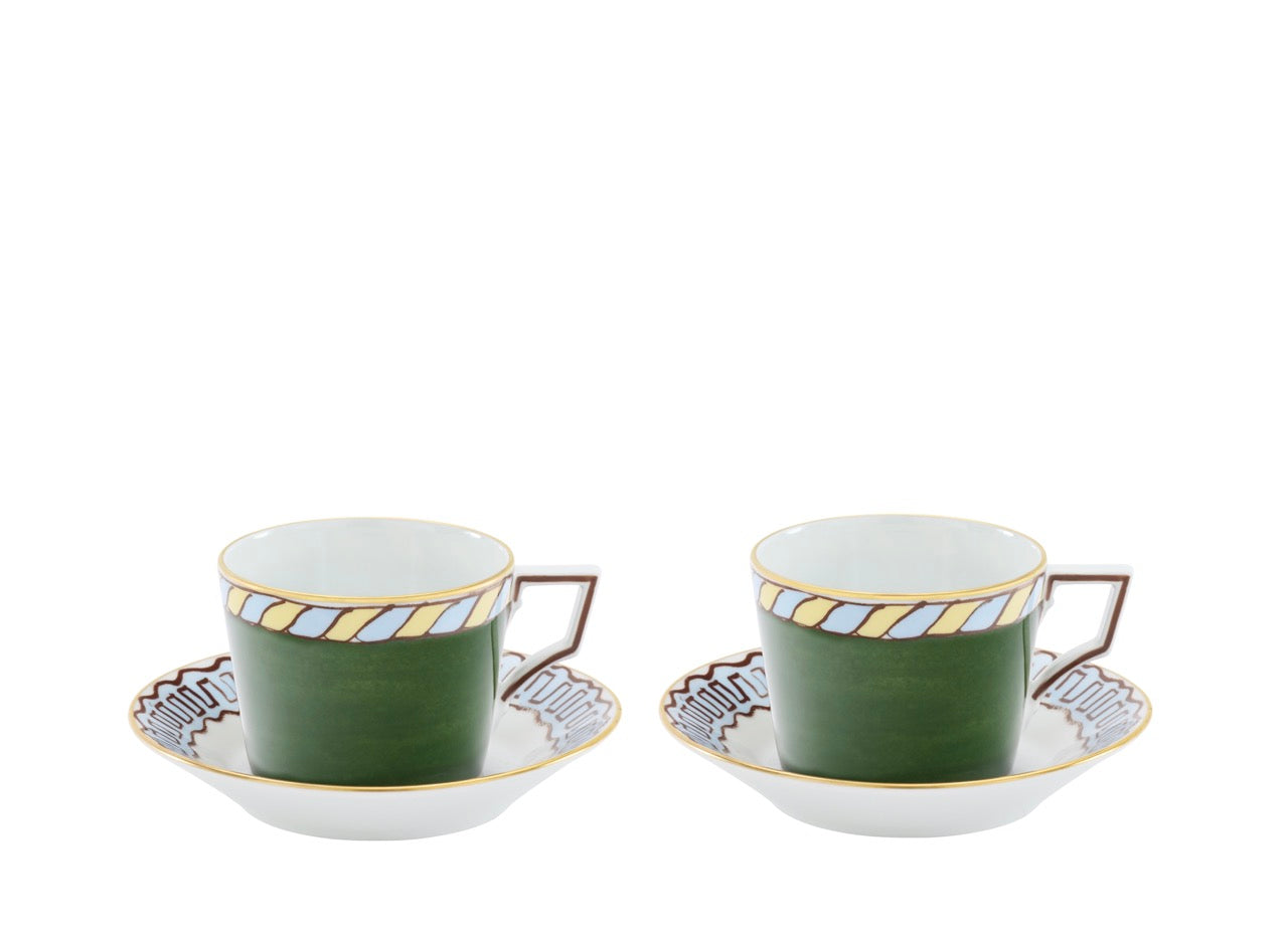 Ill Viaggio Di Nettuno Luna Tea Cup with Saucer in Green & Light Blue, Set of 2