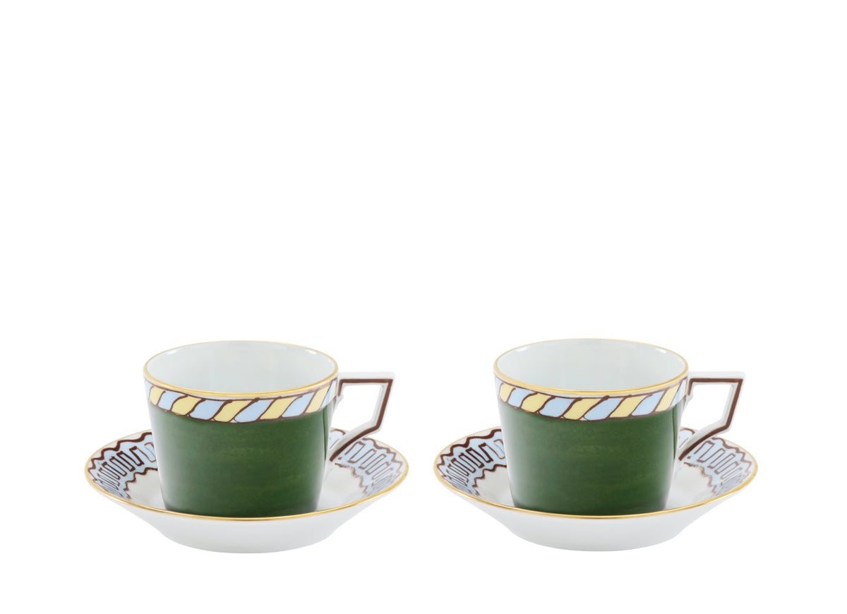 Ill Viaggio Di Nettuno Luna Tea Cup with Saucer in Green & Light Blue, Set of 2