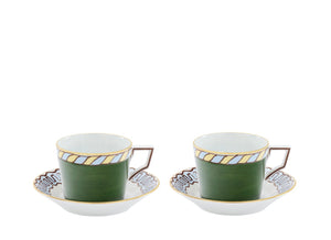 Ill Viaggio Di Nettuno Luna Tea Cup with Saucer in Green & Light Blue, Set of 2