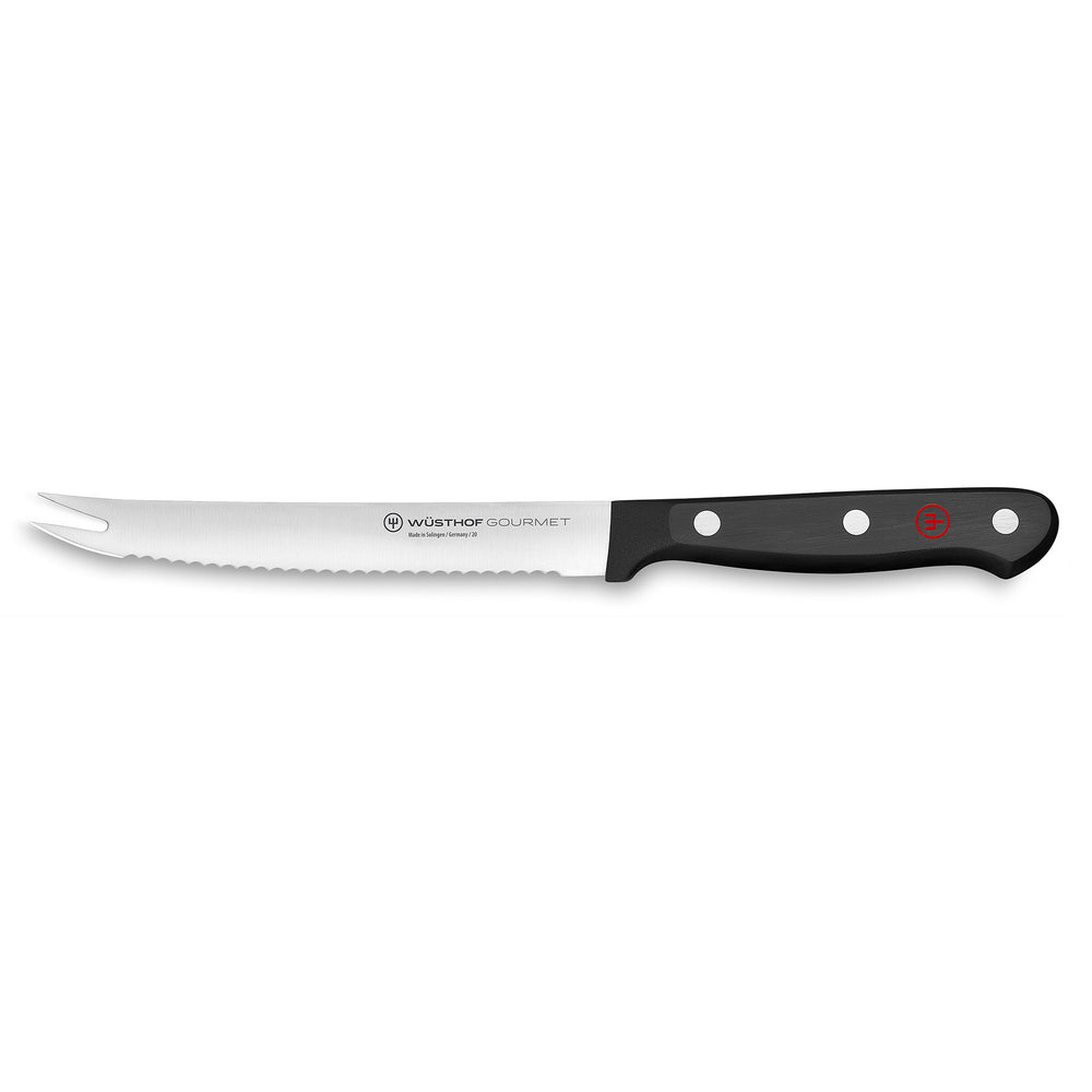 Side view of 5-inch gourmet tomato knife showing serrated blade, forked tip, and black triple-riveted handle on white background