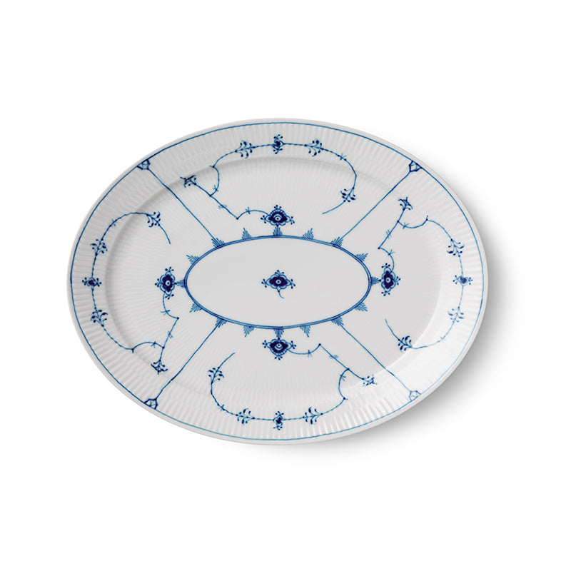 Top view of Blue Fluted Plain Oval Platter showcasing blue floral decoration on white porcelain with white background