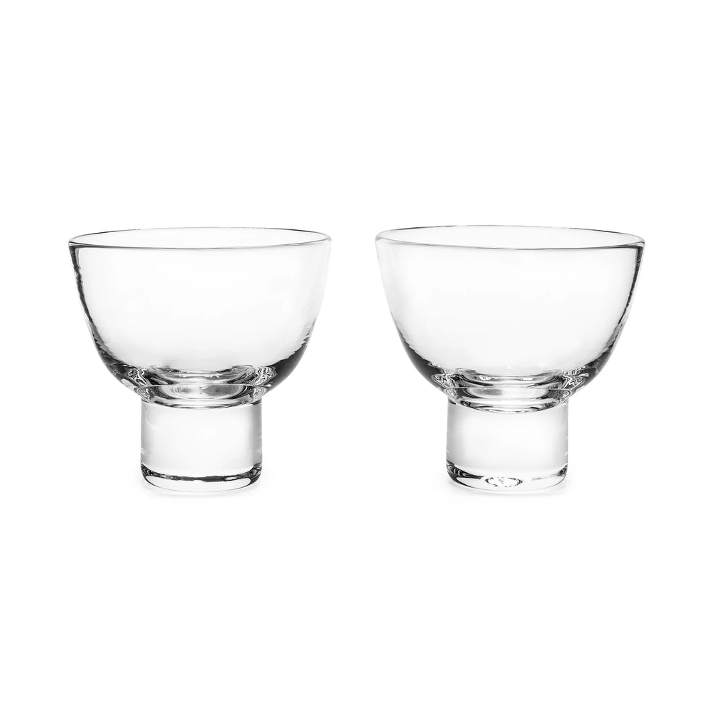 Front view of Manchester Martini glass set of 2 showing stemless bowls with cylindrical feet on white background