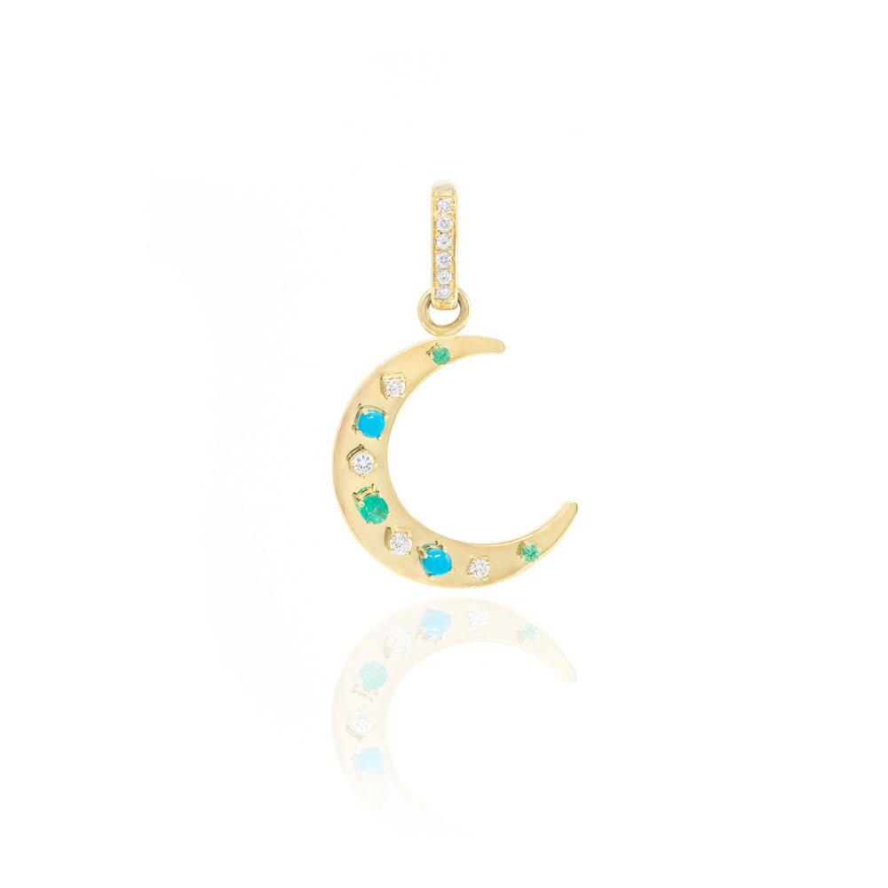 Front view of Flat Crescent Charm showcasing 18k yellow gold crescent set with diamonds, turquoise, and emerald on white background