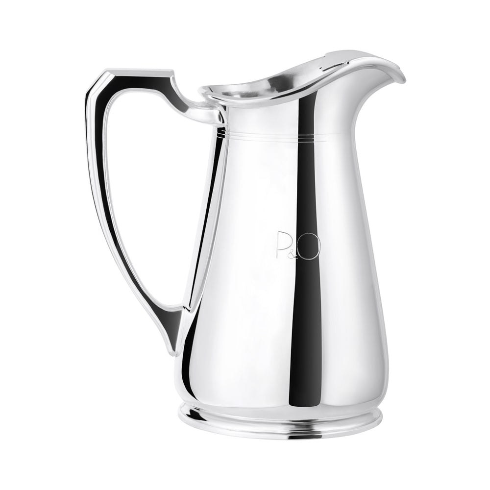 Front view of silver-plated vintage water pitcher showing sculpted handle, pouring spout, and engraved P&O initials on a white background
