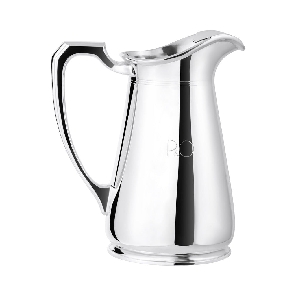 Front view of silver-plated vintage water pitcher showing sculpted handle, pouring spout, and engraved P&O initials on a white background