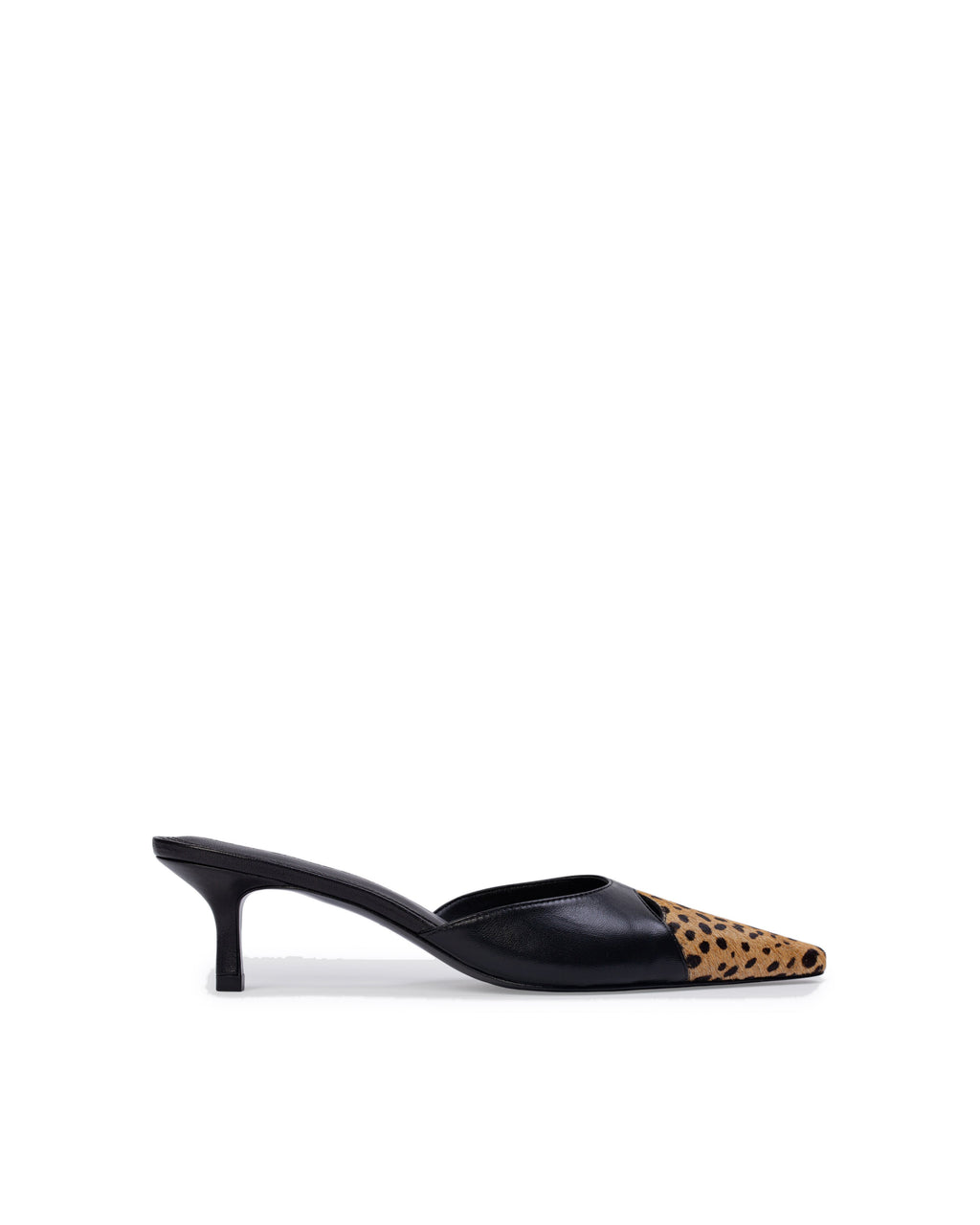 Rue 50 Mule in Black Leather / Camel Dotted Cheetah Pony Hair