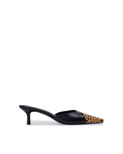 Rue 50 Mule in Black Leather / Camel Dotted Cheetah Pony Hair
