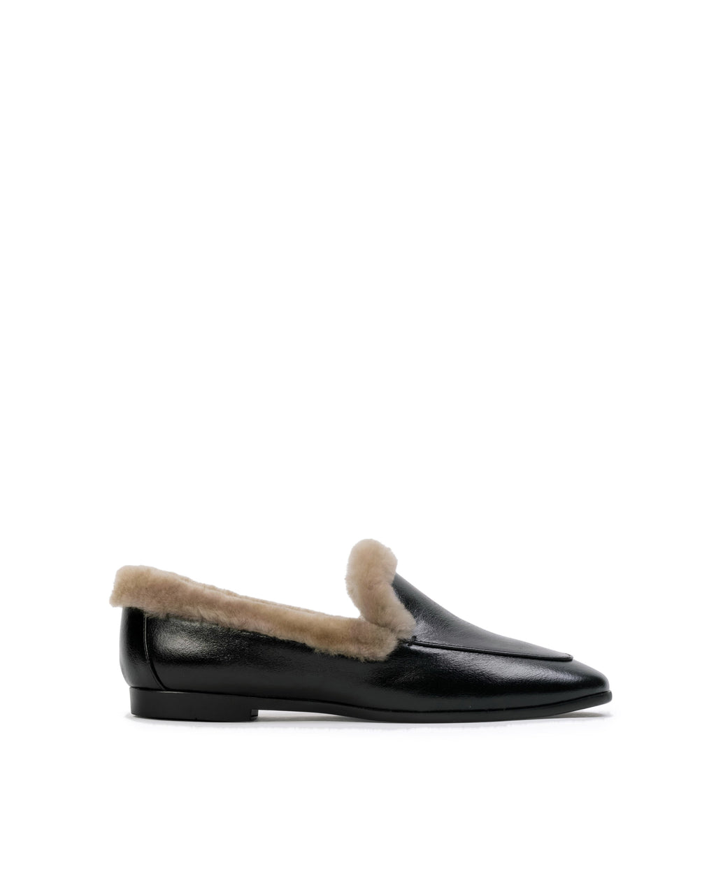 Zora Loafer in Black Shiny Leather & Wool Shearling