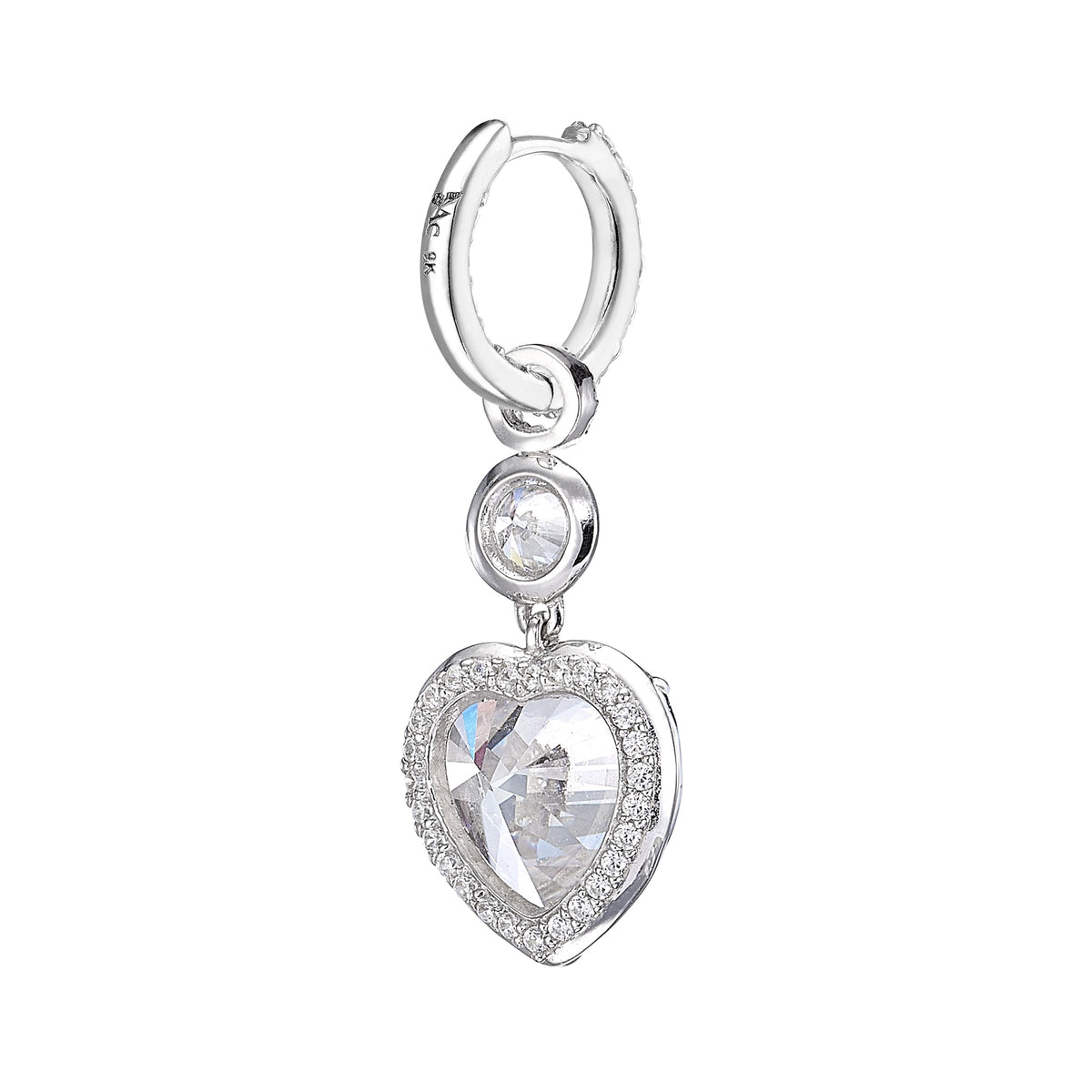 Large Heart Pendant Hoop Earrings, White Gold