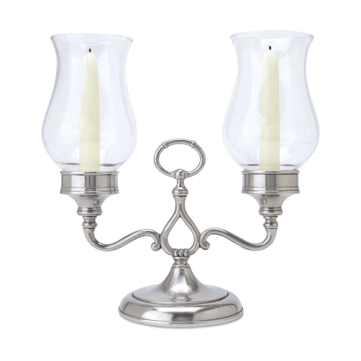 Front view of Double Garden Candle with pewter base, two glass hurricane shades and taper candles