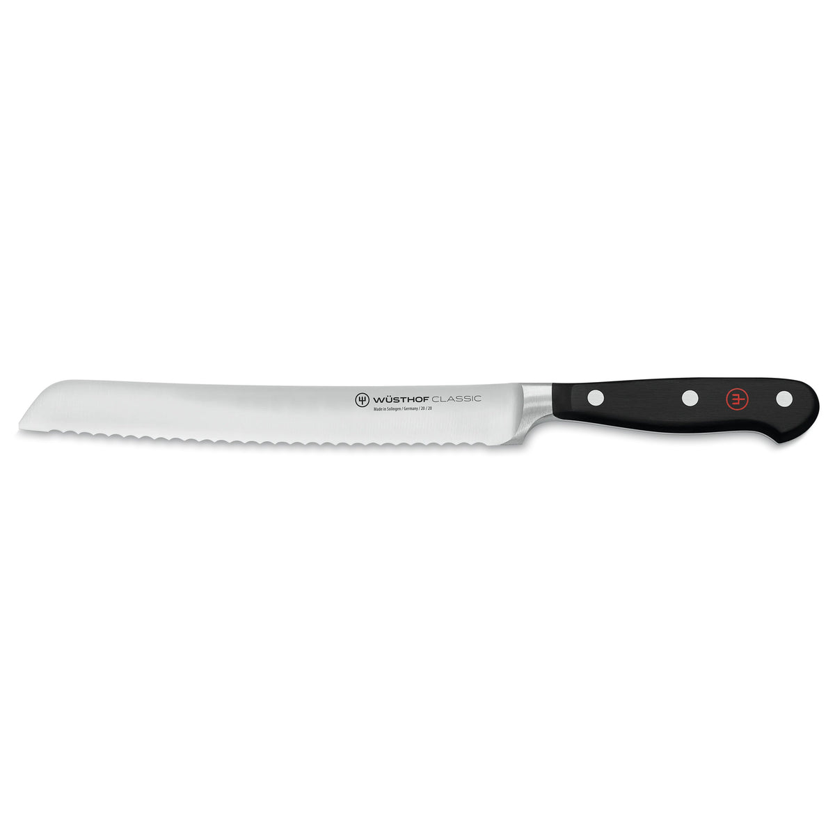 Side view of Wüsthof 8-inch Classic bread knife with serrated blade and full-tang triple-riveted black handle on white