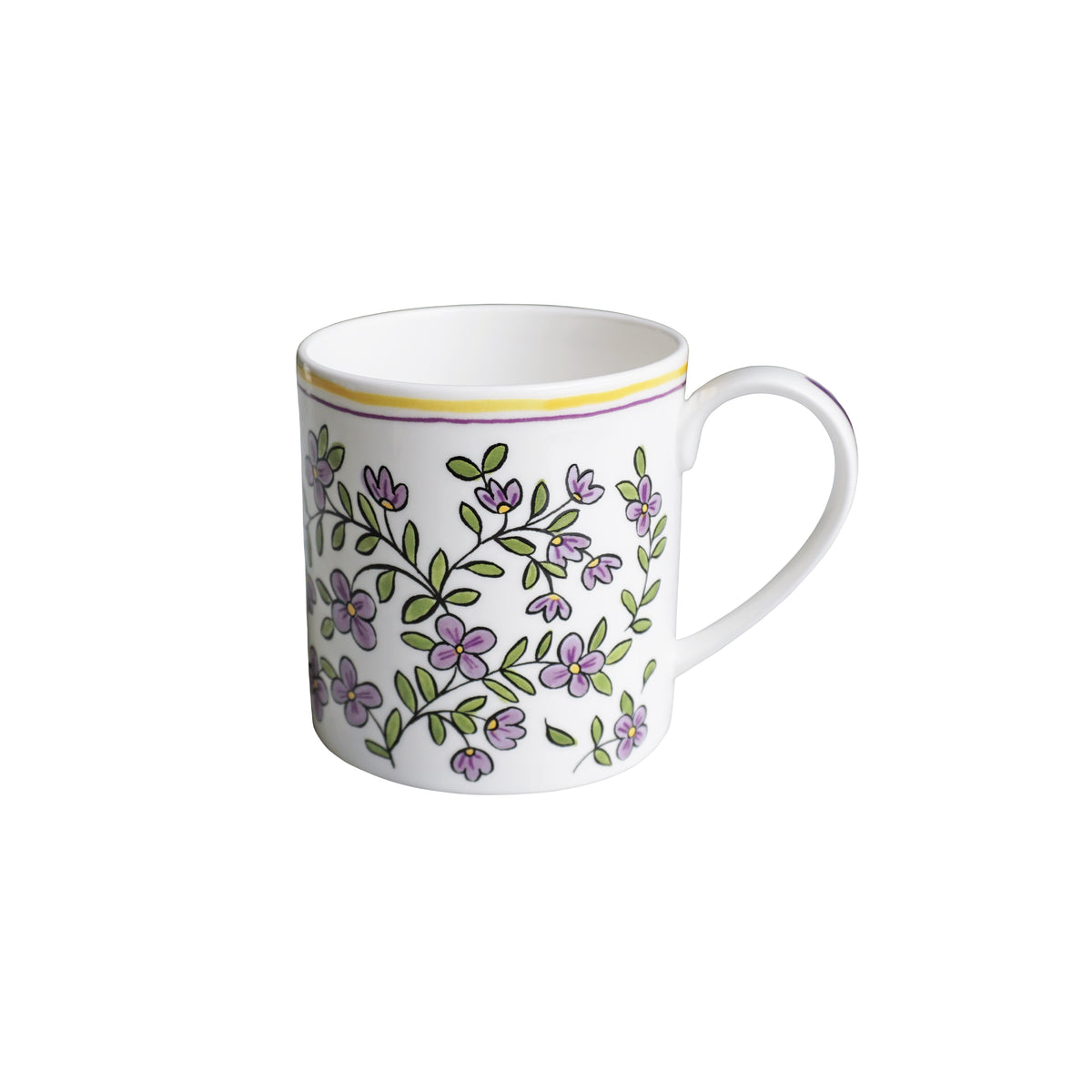 Front view of Heritage Forget Me Not Mug 2 showcasing purple floral decals and curved handle with a white background
