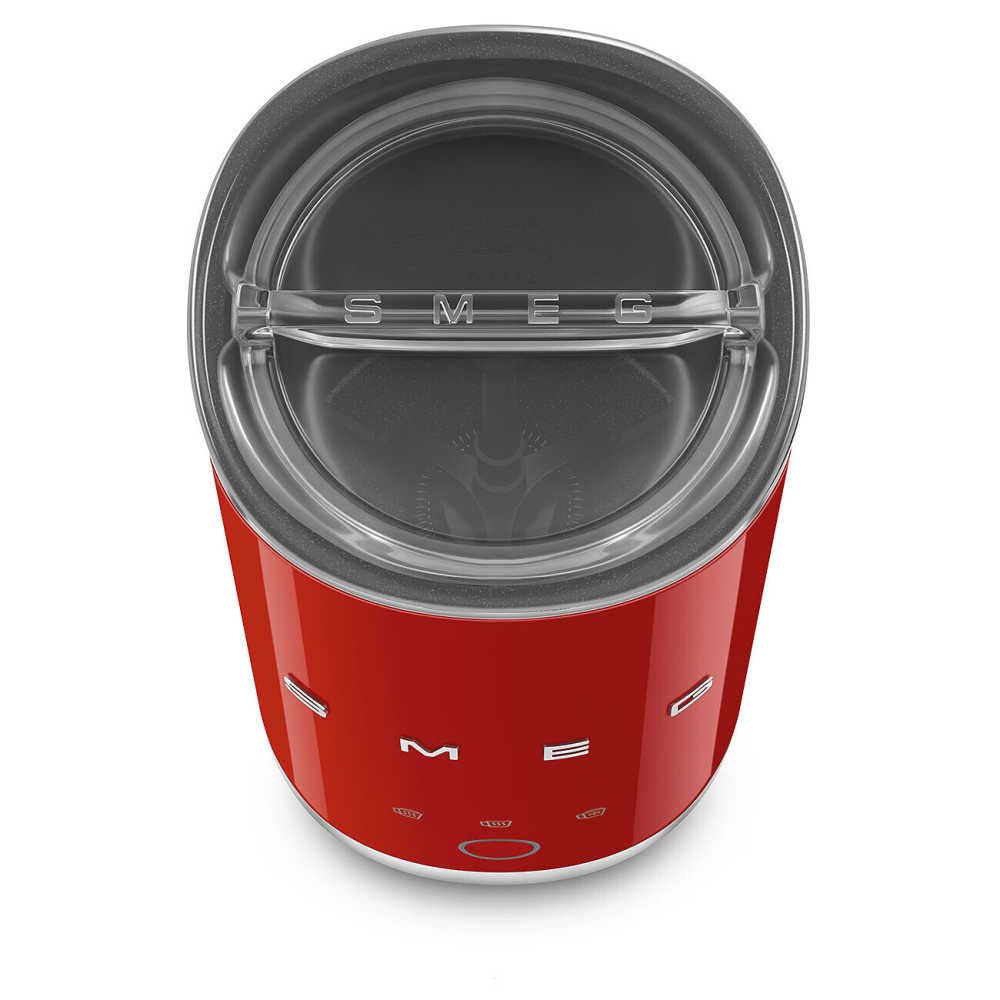Top view of red SMEG mini milk frother showcasing clear lid with SMEG logo and touch control icons on white background