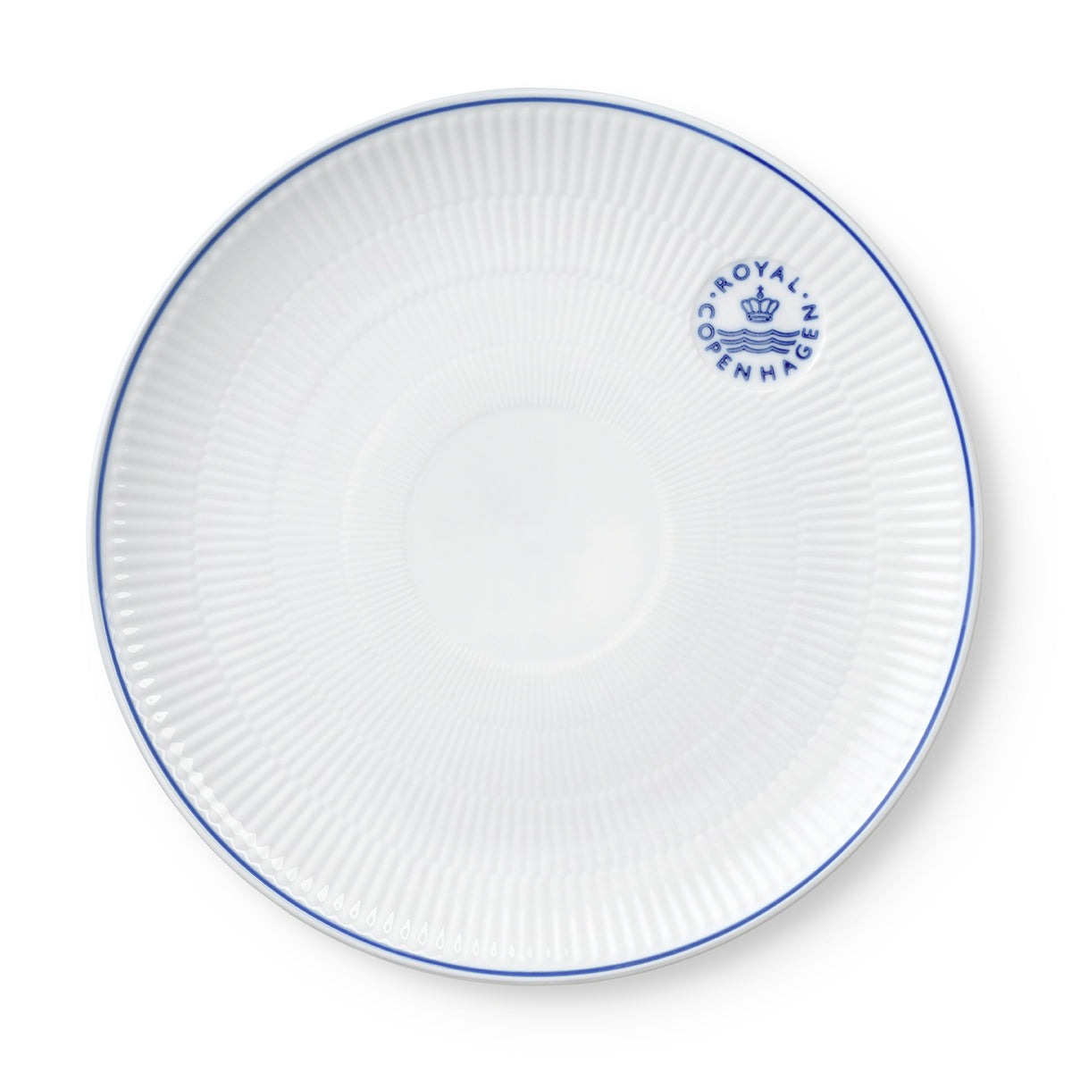 Front view of Blueline Plate Coupe 27cm showcasing blue hand painted line and fluted porcelain design on a white background