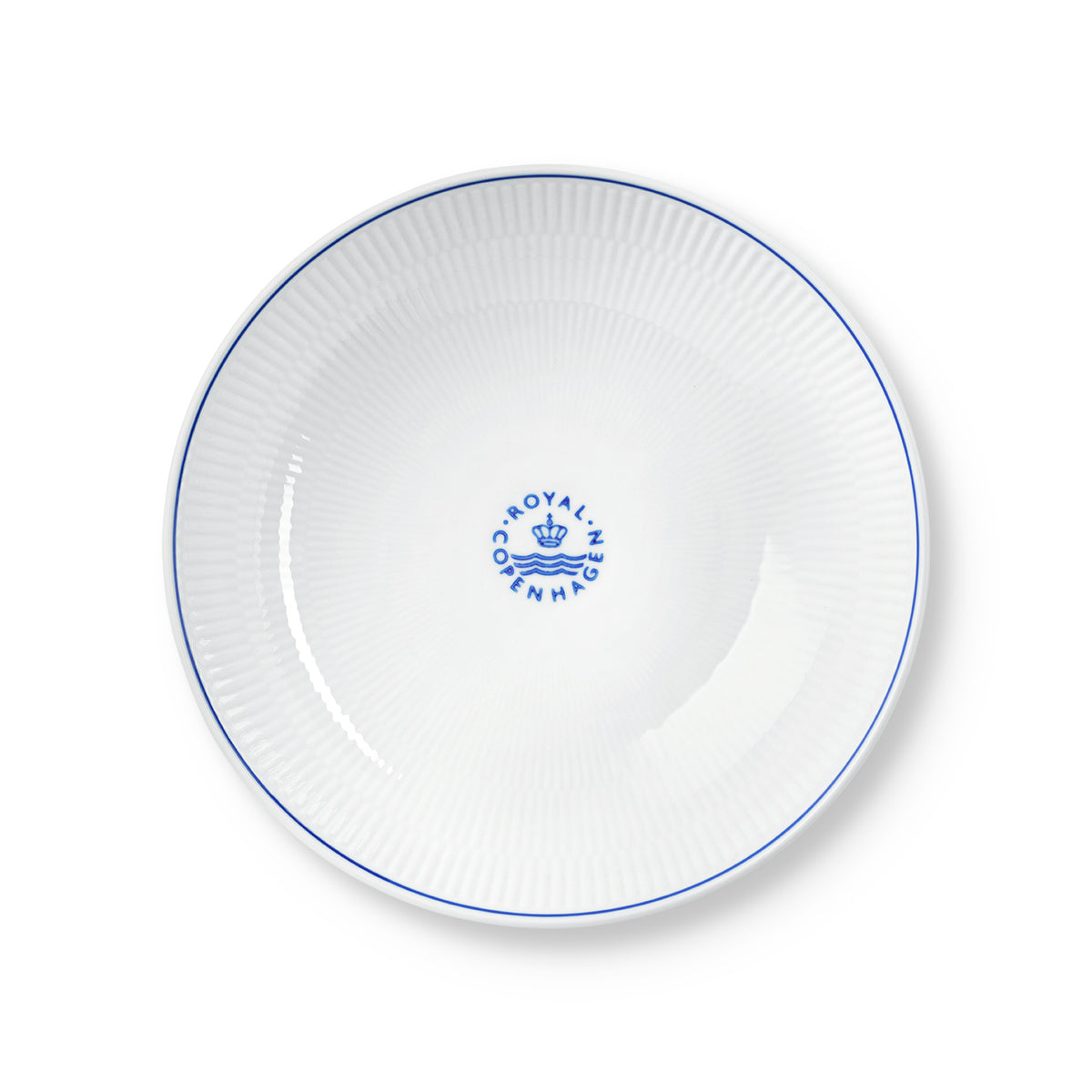 Top view of Blueline Bowl showcasing blue hand-painted line, fluted porcelain design, and Royal Copenhagen stamp on white background